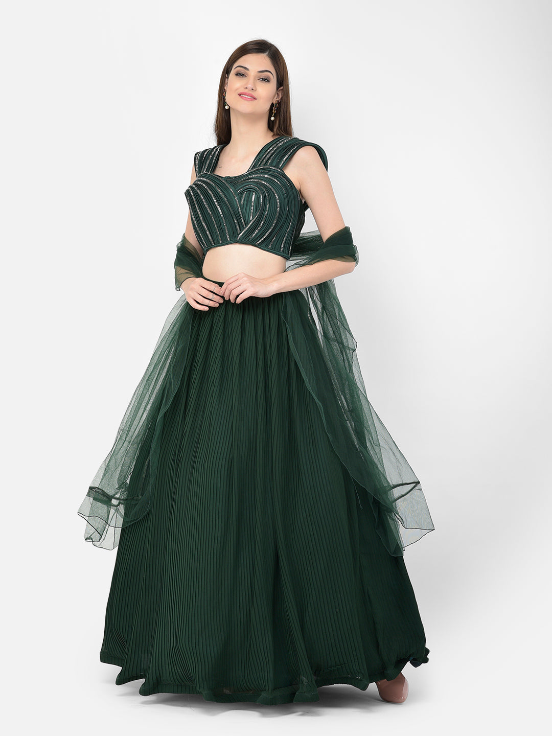 Neerus Green georgette embellished lehenga choli - front view