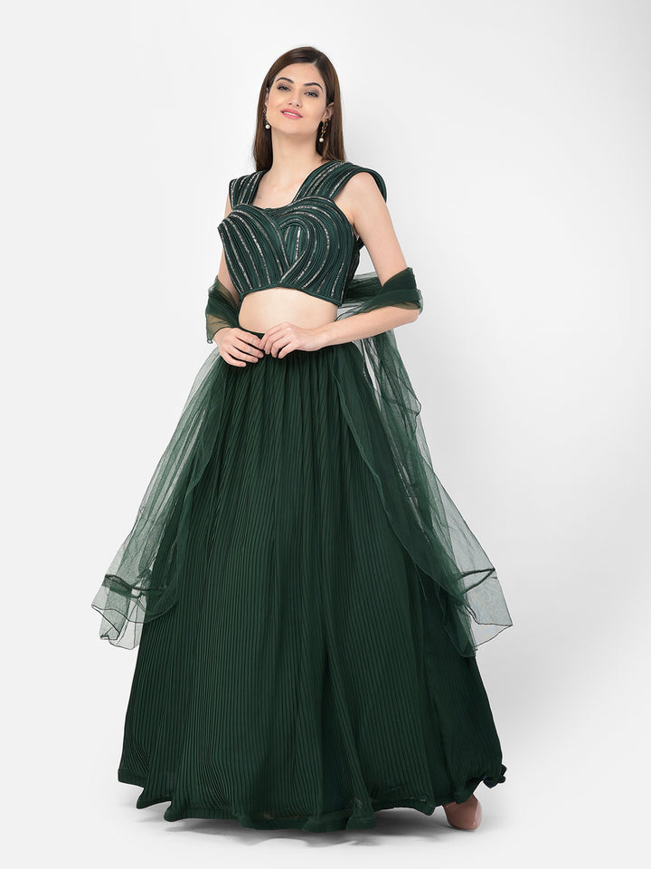 Neerus Green georgette embellished lehenga choli - front view