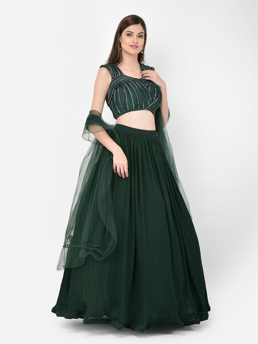 Neeru'S Bottle Green Color Georgette Fabric Lehenga Choli