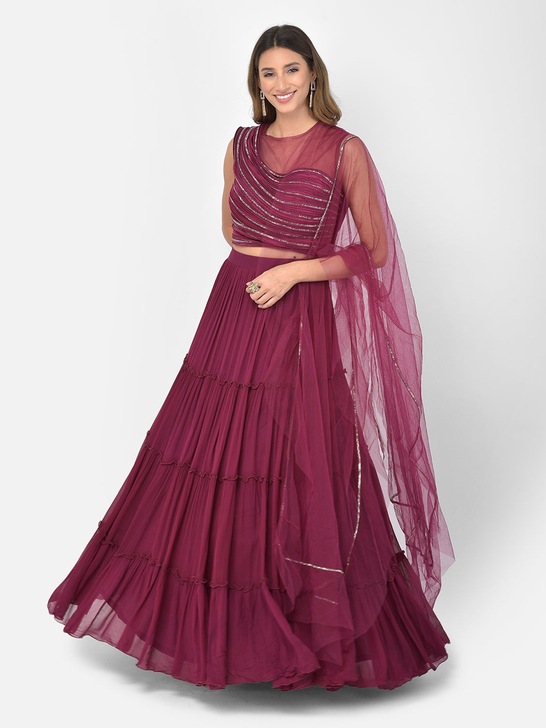 Neerus Maroon georgette embellished lehenga choli - front view