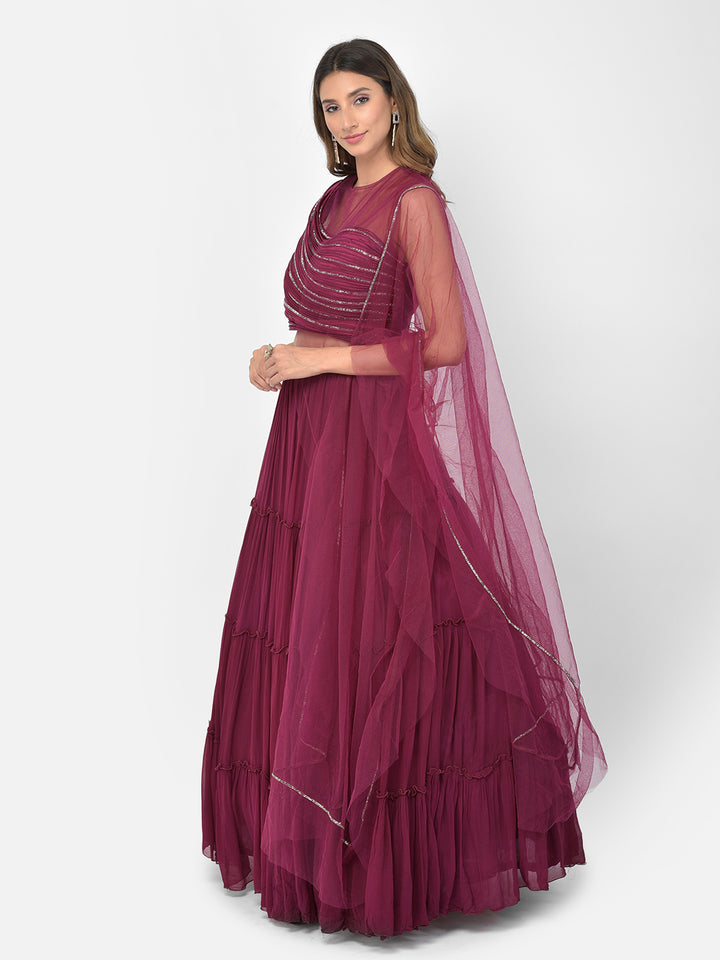 Neerus Maroon georgette embellished lehenga choli - back view