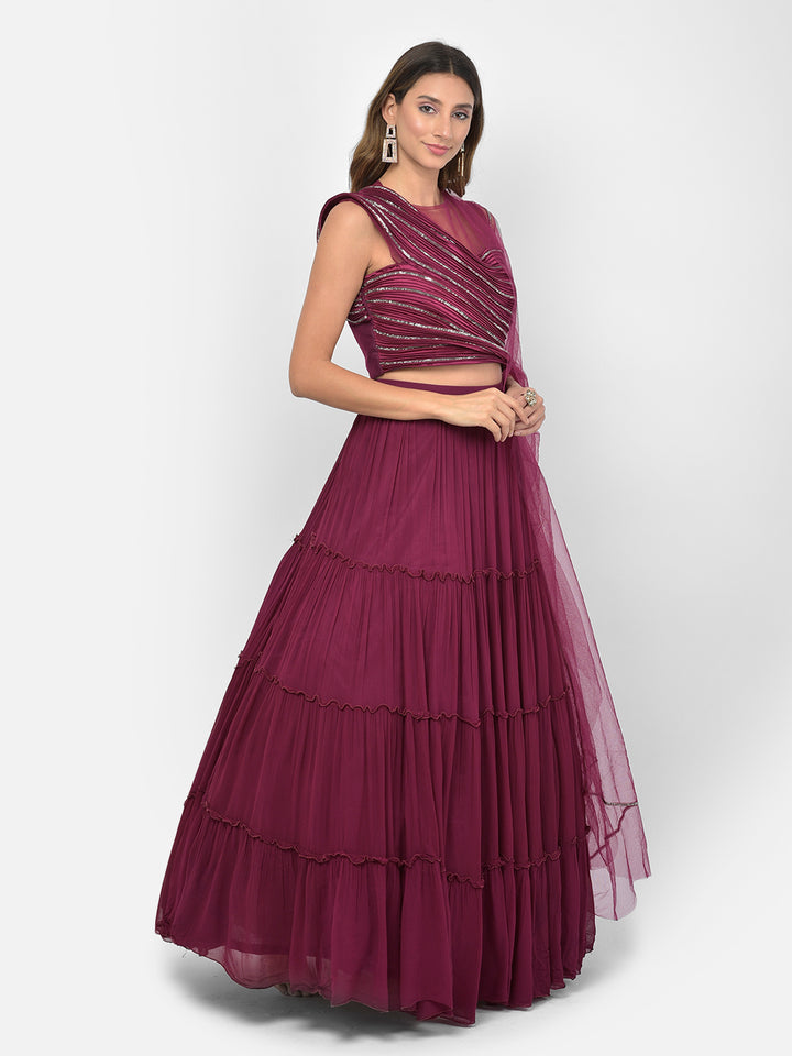 Neerus Maroon georgette embellished lehenga choli - side view