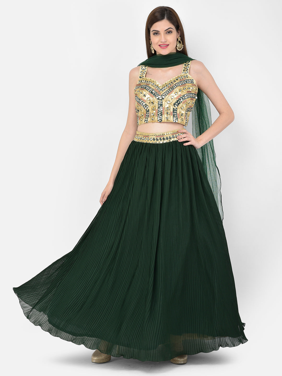 Neeru'S bottle green color, georgette fabric lehenga choli