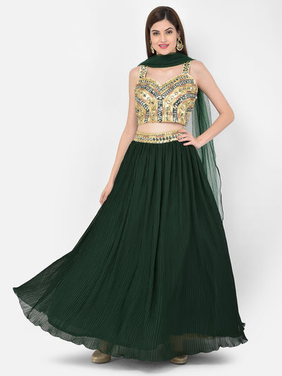 Neeru'S bottle green color, georgette fabric lehenga choli