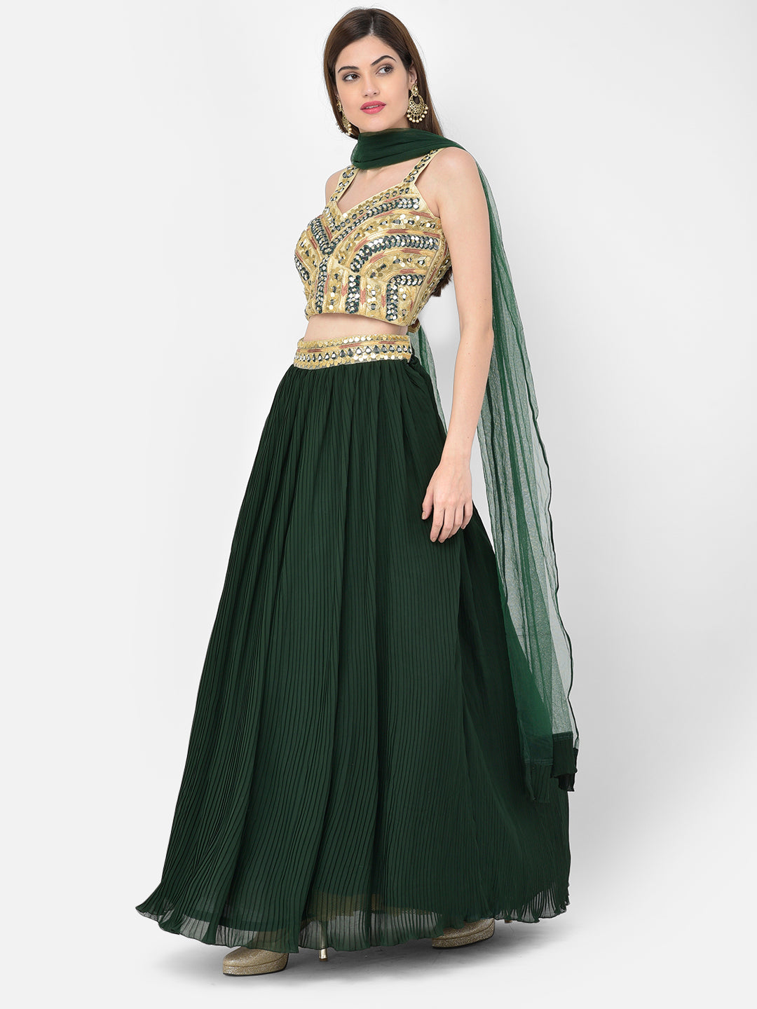 Neeru'S bottle green color, georgette fabric lehenga choli