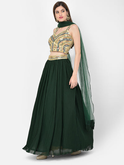 Neeru'S bottle green color, georgette fabric lehenga choli