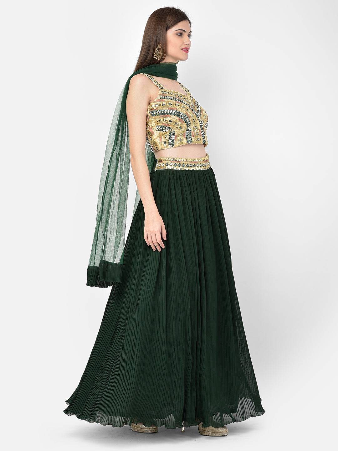 Neeru'S bottle green color, georgette fabric lehenga choli