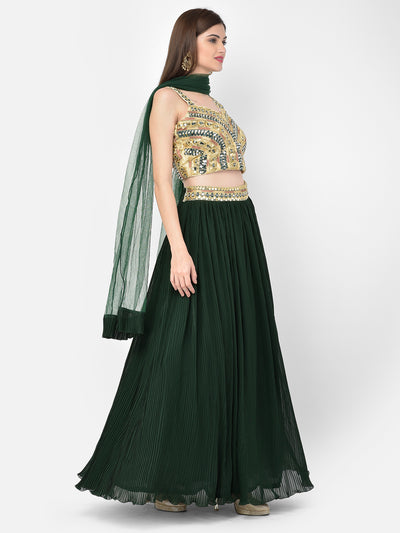 Neeru'S bottle green color, georgette fabric lehenga choli