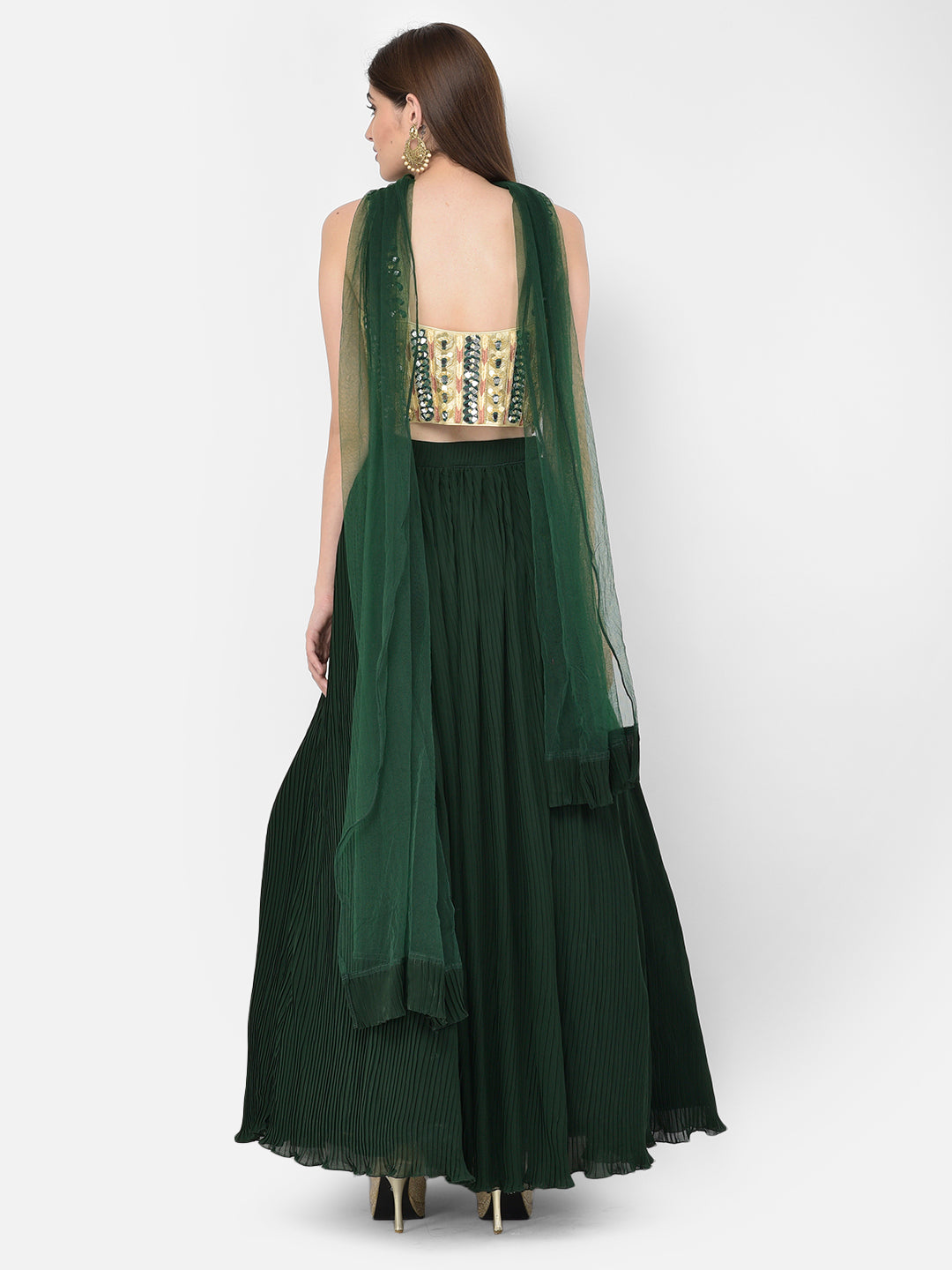 Neeru'S bottle green color, georgette fabric lehenga choli