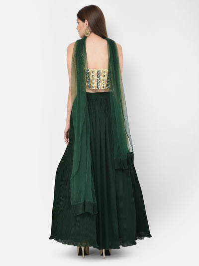 Neeru'S bottle green color, georgette fabric lehenga choli