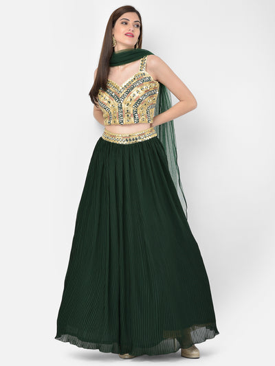 Neeru'S bottle green color, georgette fabric lehenga choli
