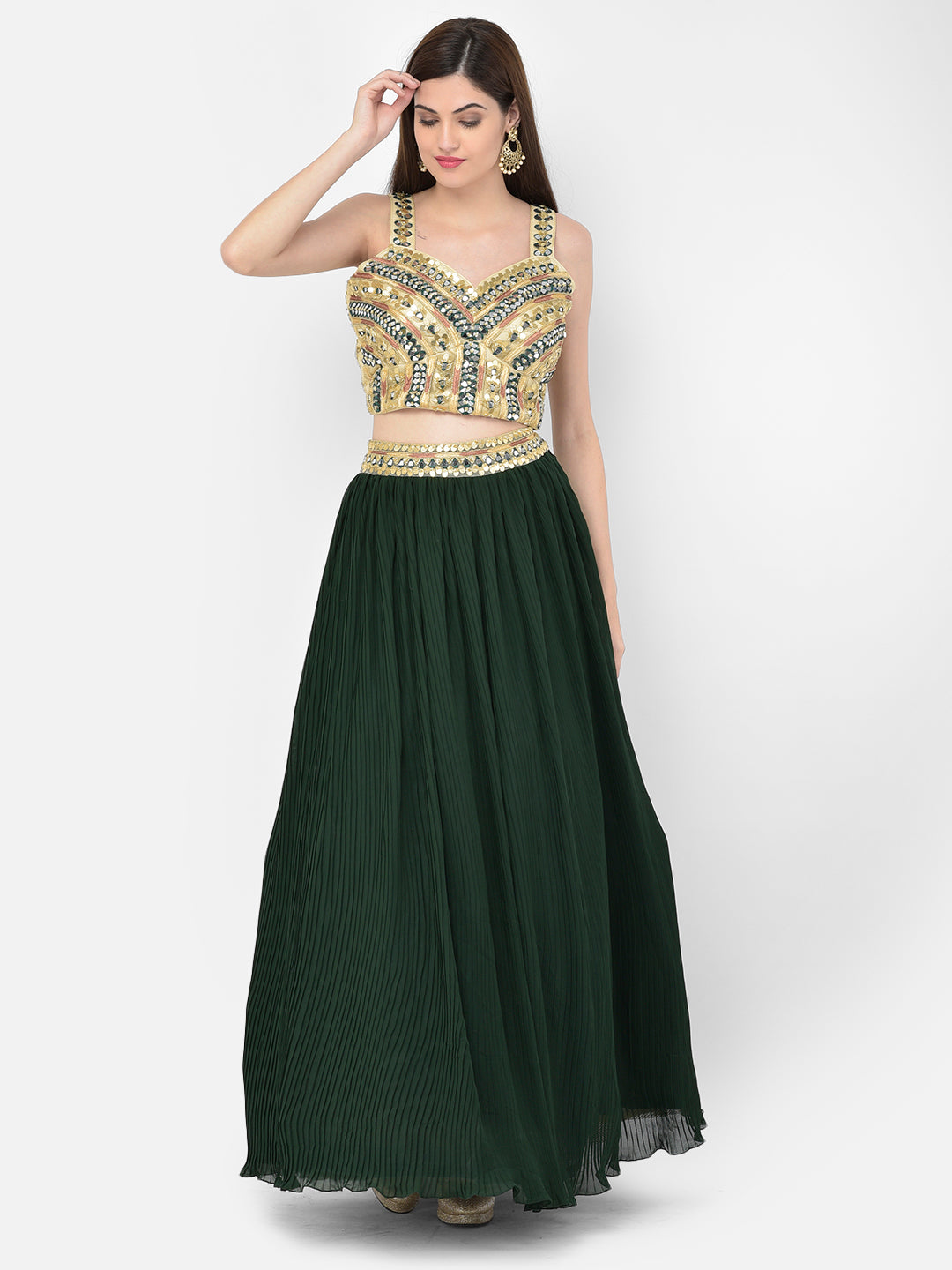 Neeru'S bottle green color, georgette fabric lehenga choli