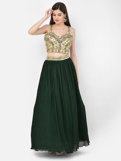Neeru'S bottle green color, georgette fabric lehenga choli