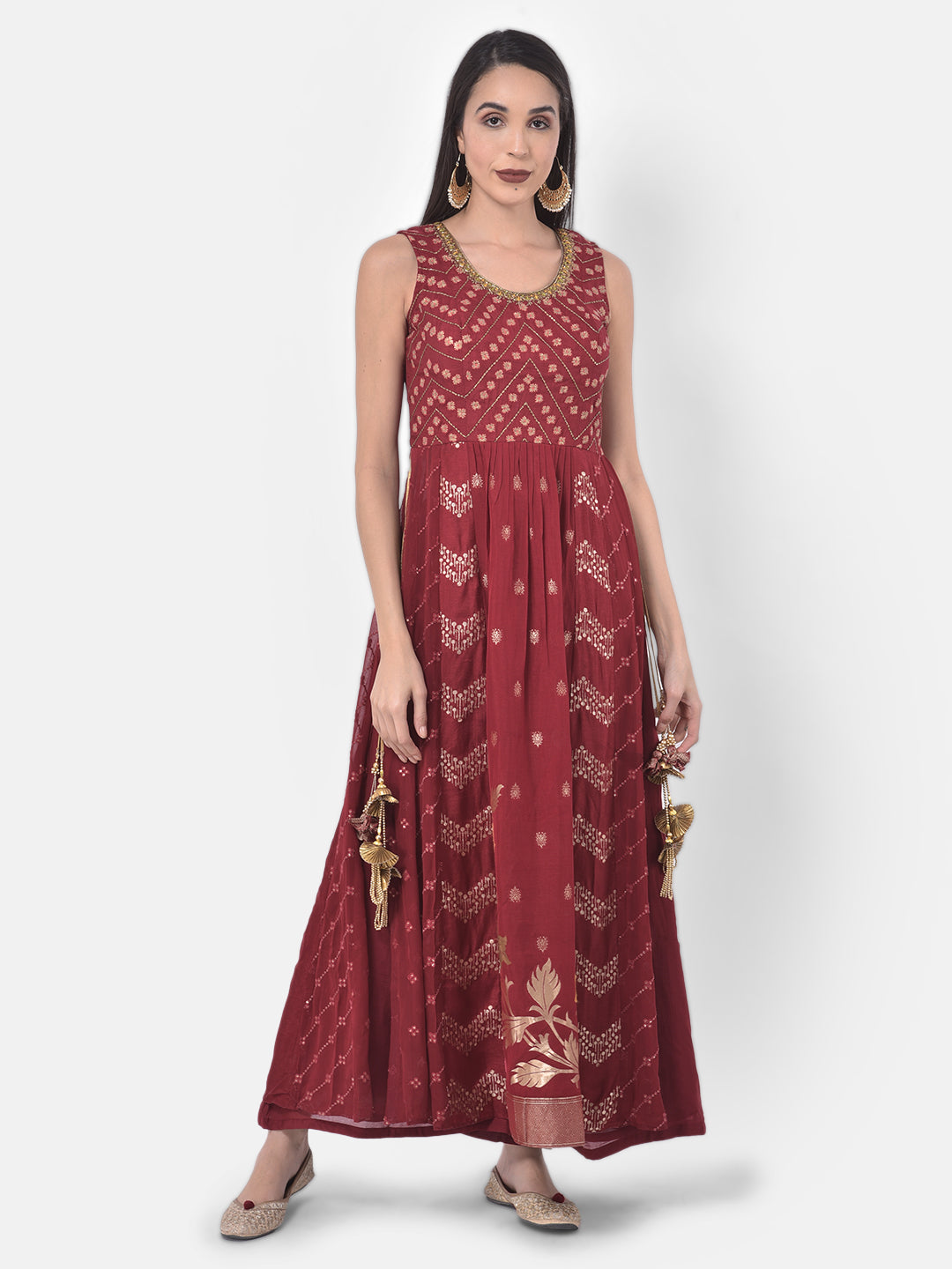 Neerus Maroon Banarasi woven kurta set - front view
