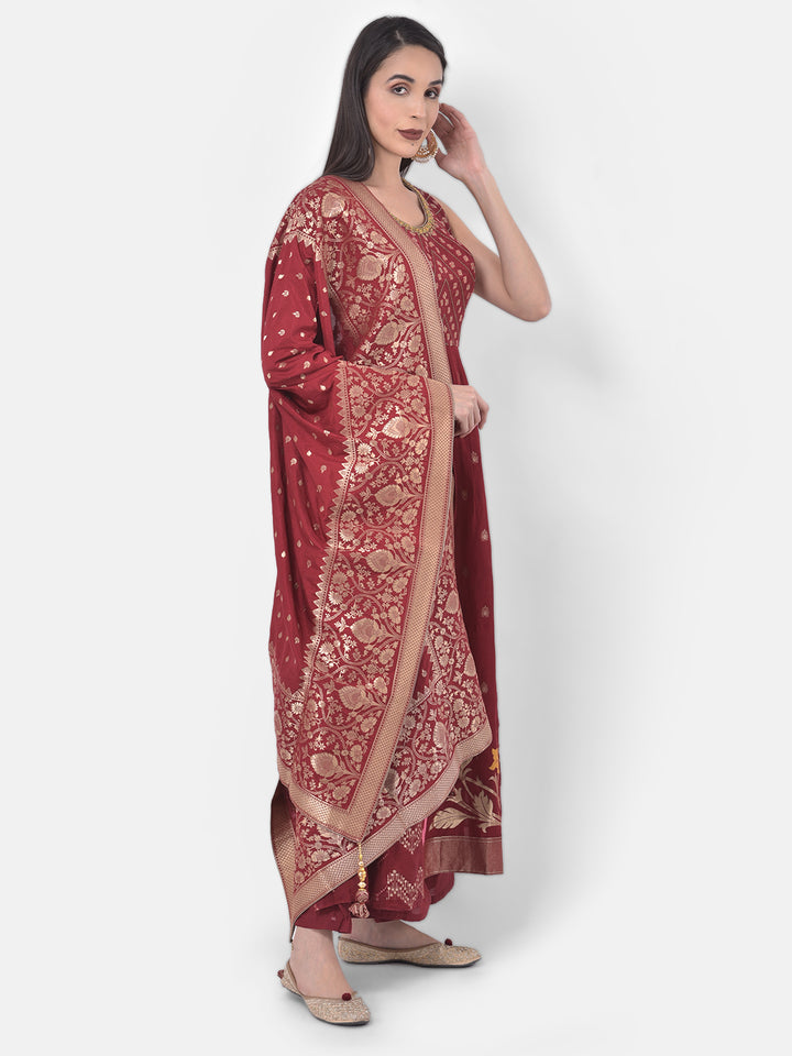 Neerus Maroon Banarasi woven kurta set - back view