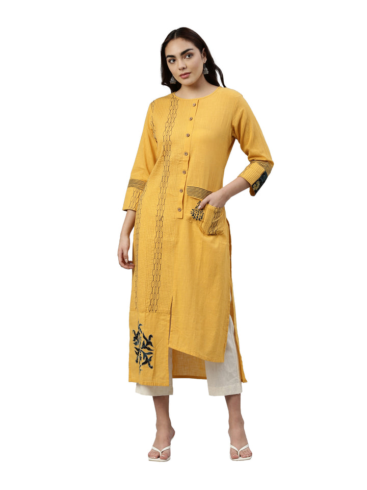 Neerus Yellow slub cotton solid kurta - front view