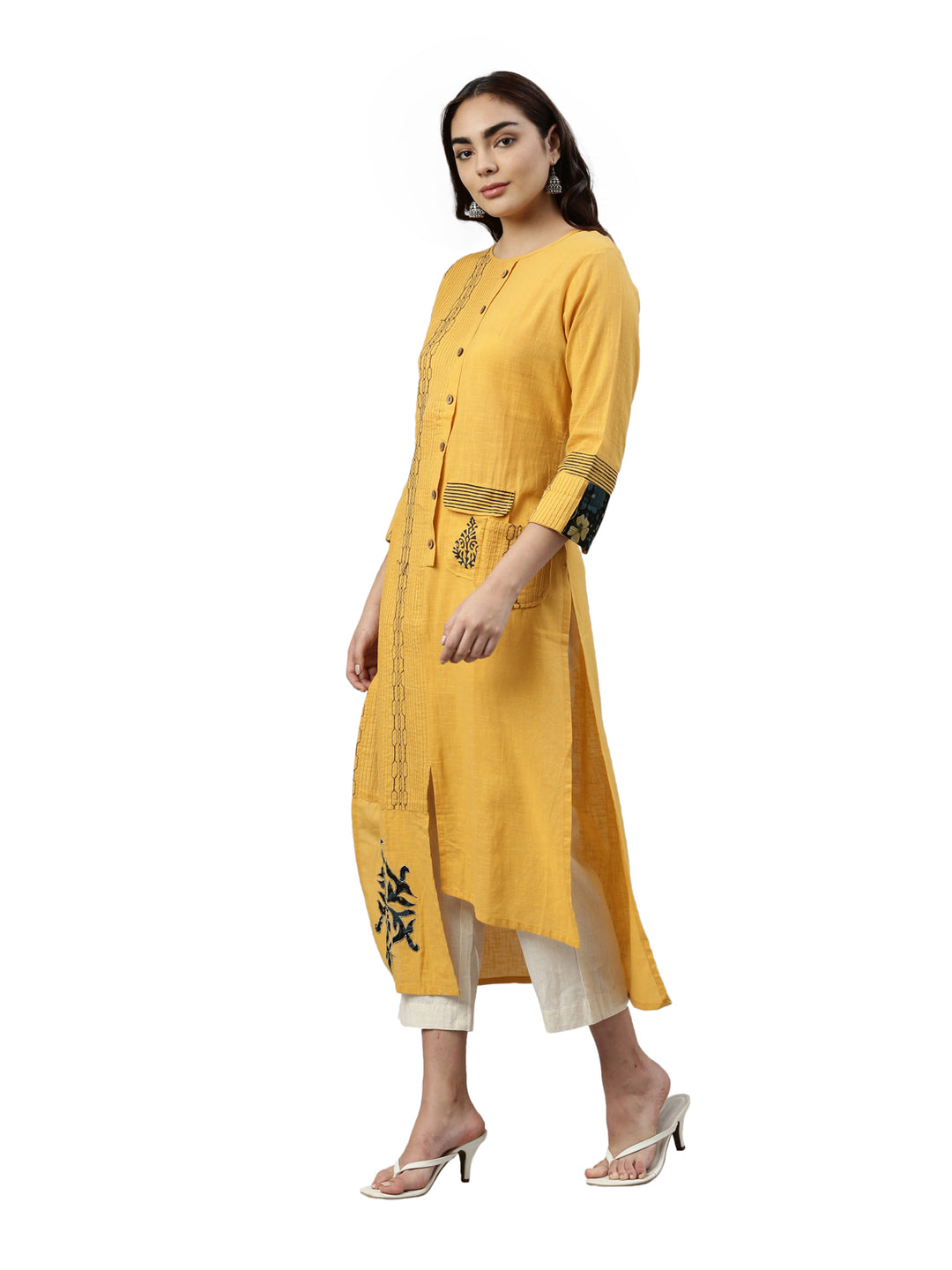 Neerus Yellow slub cotton solid kurta - side view