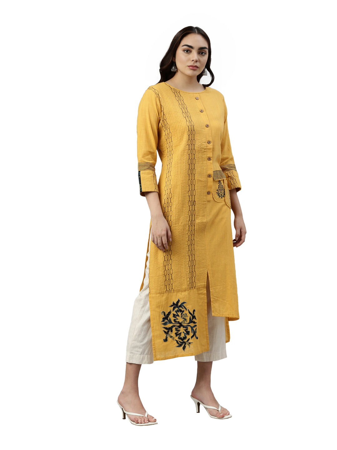 Neerus Yellow slub cotton solid kurta - detail view 1