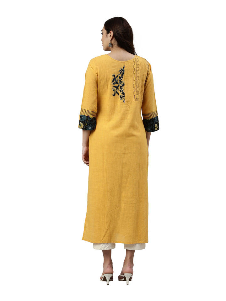 Neerus Yellow slub cotton solid kurta - detail view 2