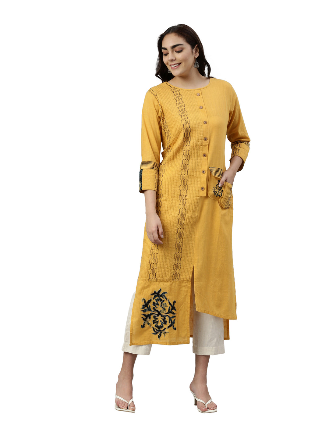 Neerus Yellow slub cotton solid kurta - detail view 3