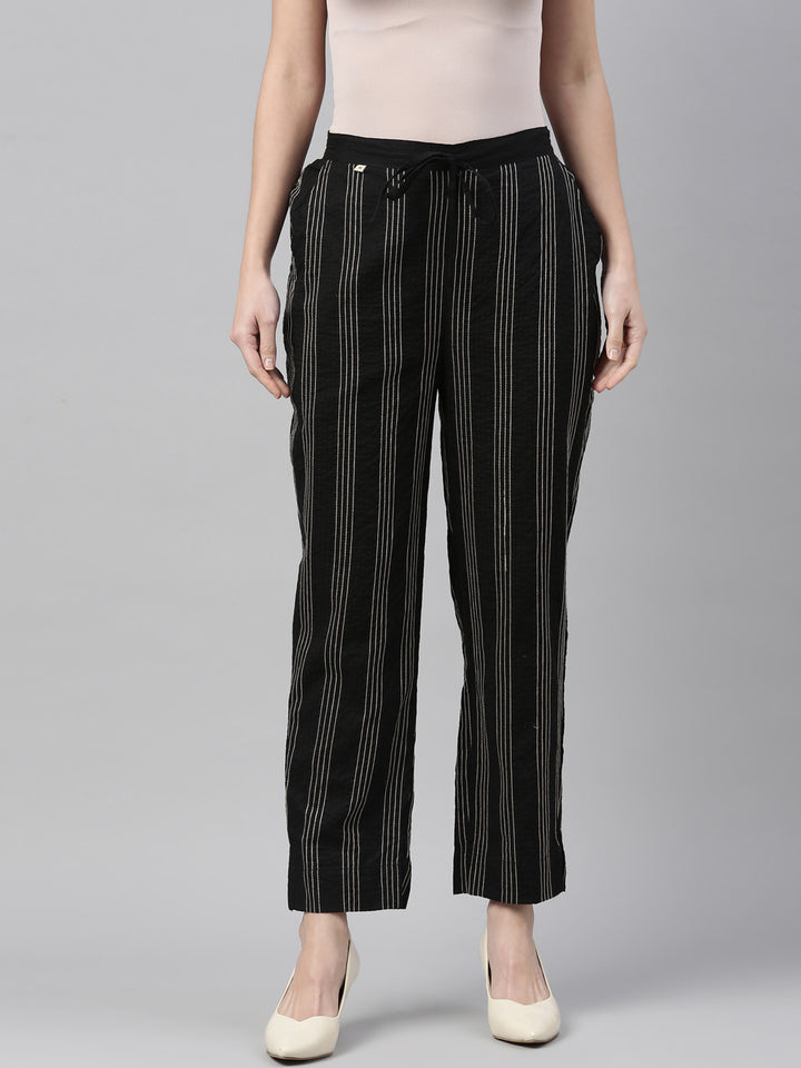 Neerus Black Beige Color Cotton Fabric Pants