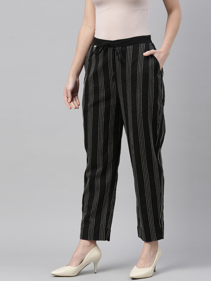 Neerus Black Beige Color Cotton Fabric Pants