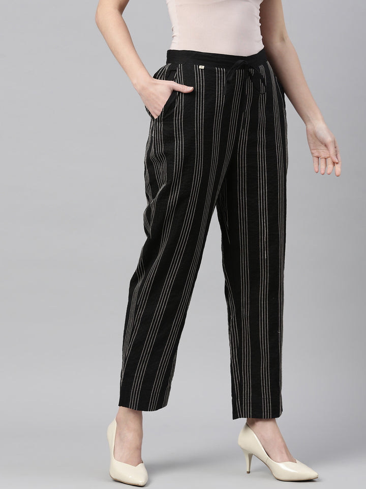 Neerus Black Beige Color Cotton Fabric Pants