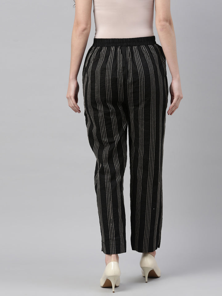 Neerus Black Beige Color Cotton Fabric Pants