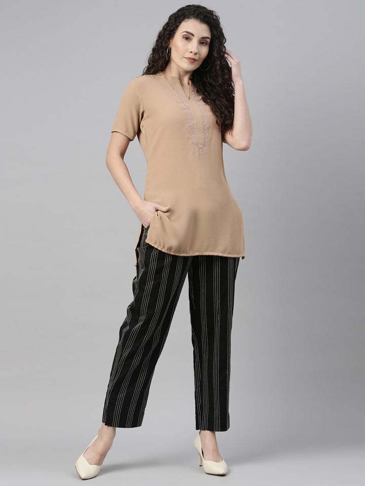 Neerus Black Beige Color Cotton Fabric Pants