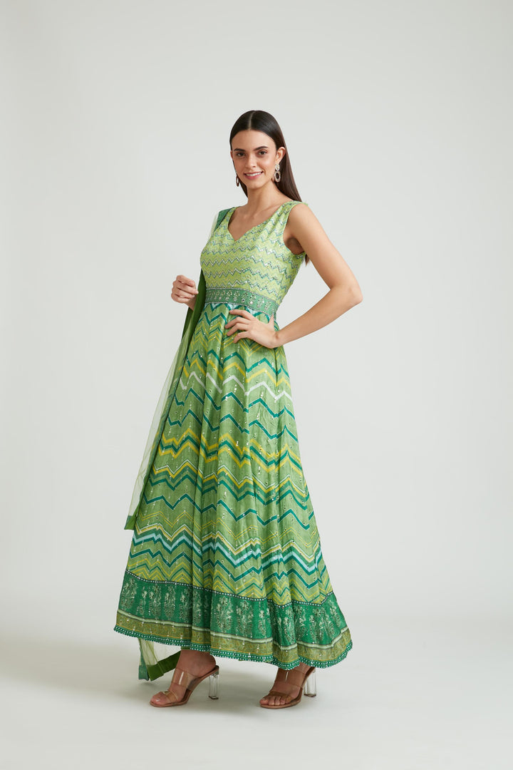 Neerus Green Color Silk Fabric Anarkali Suit Set