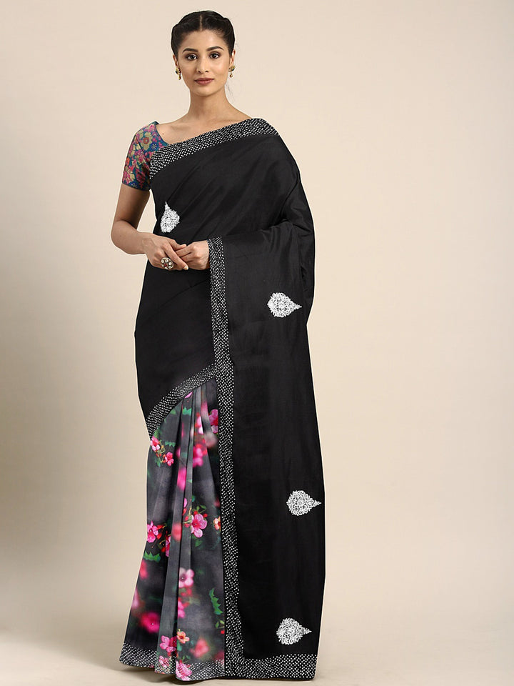 Neerus Black Printed Saree With Blouse