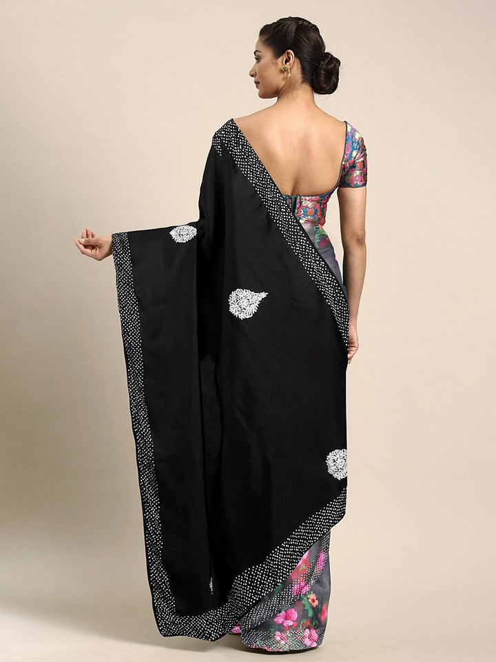 Neerus Black Printed Saree With Blouse