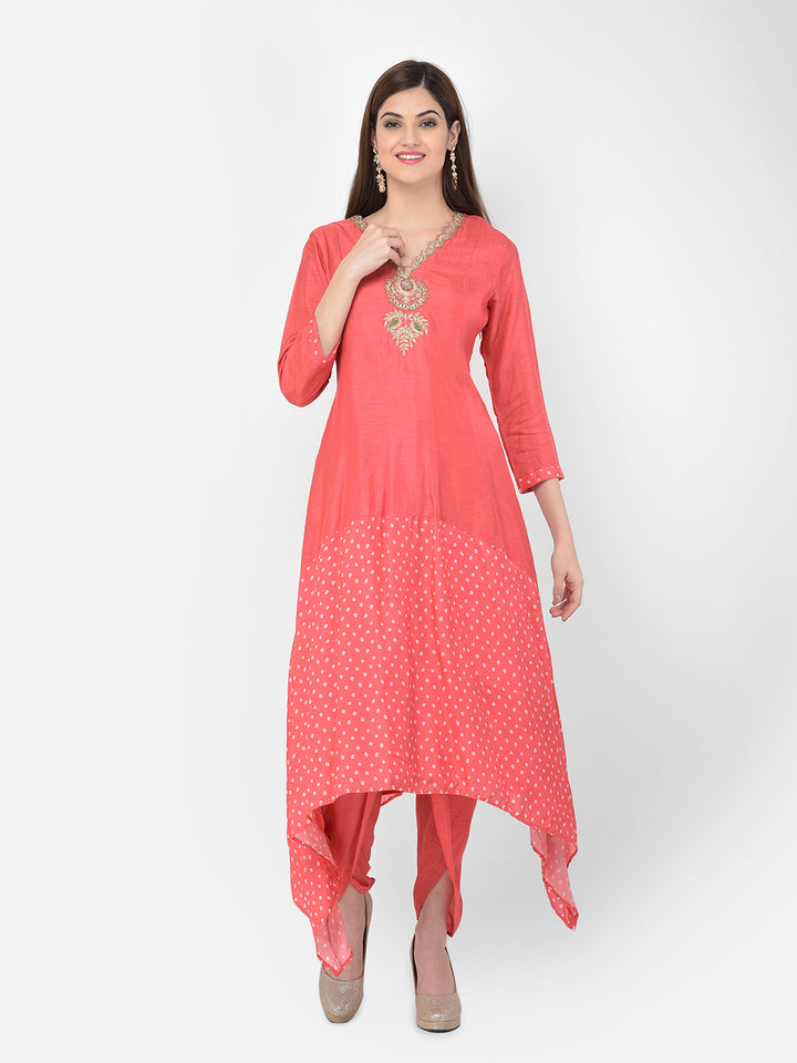 Neerus'S Tomato Color Silk Fabric Suit-Pant