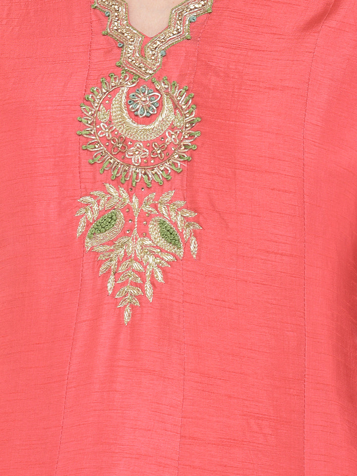 Neerus'S Tomato Color Silk Fabric Suit-Pant