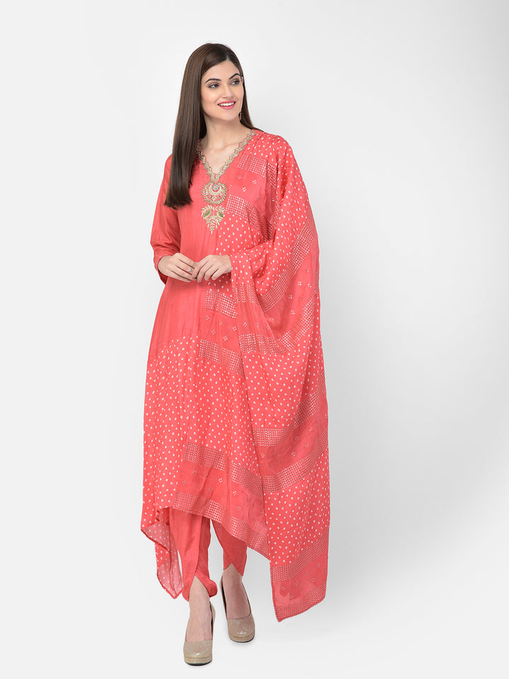 Neerus'S Tomato Color Silk Fabric Suit-Pant