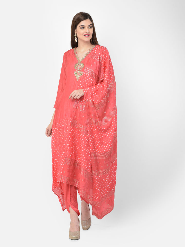 Neerus'S Tomato Color Silk Fabric Suit-Pant