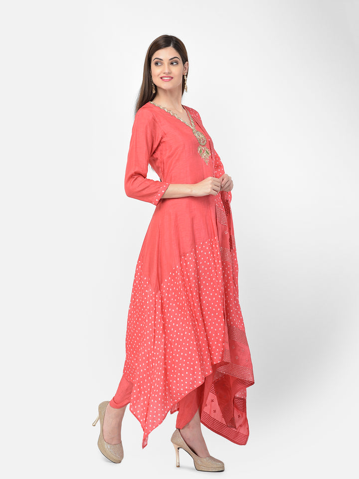 Neerus'S Tomato Color Silk Fabric Suit-Pant