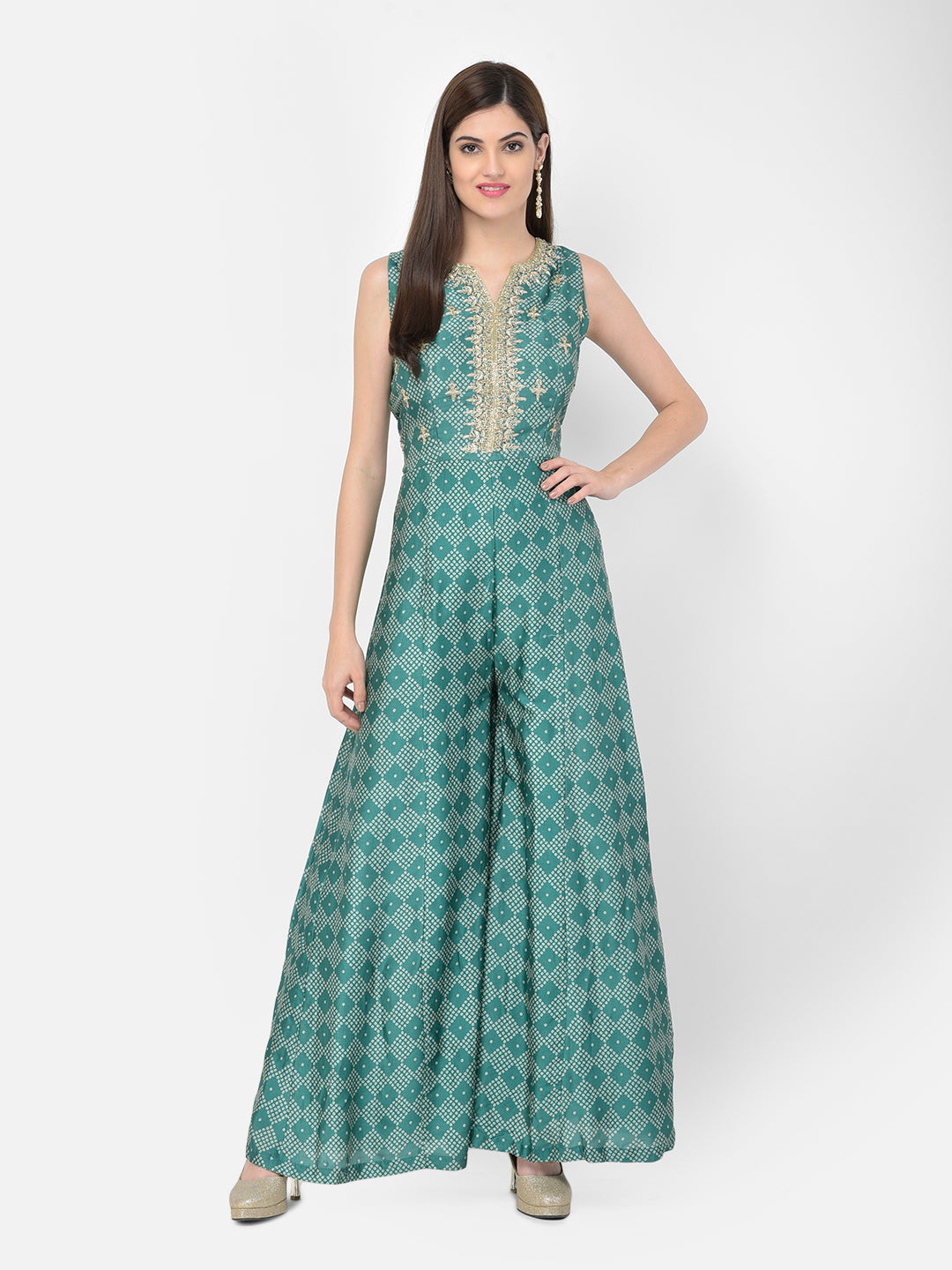 Neerus Green silk embellished bandhani jumpsuit dress - detail view 4