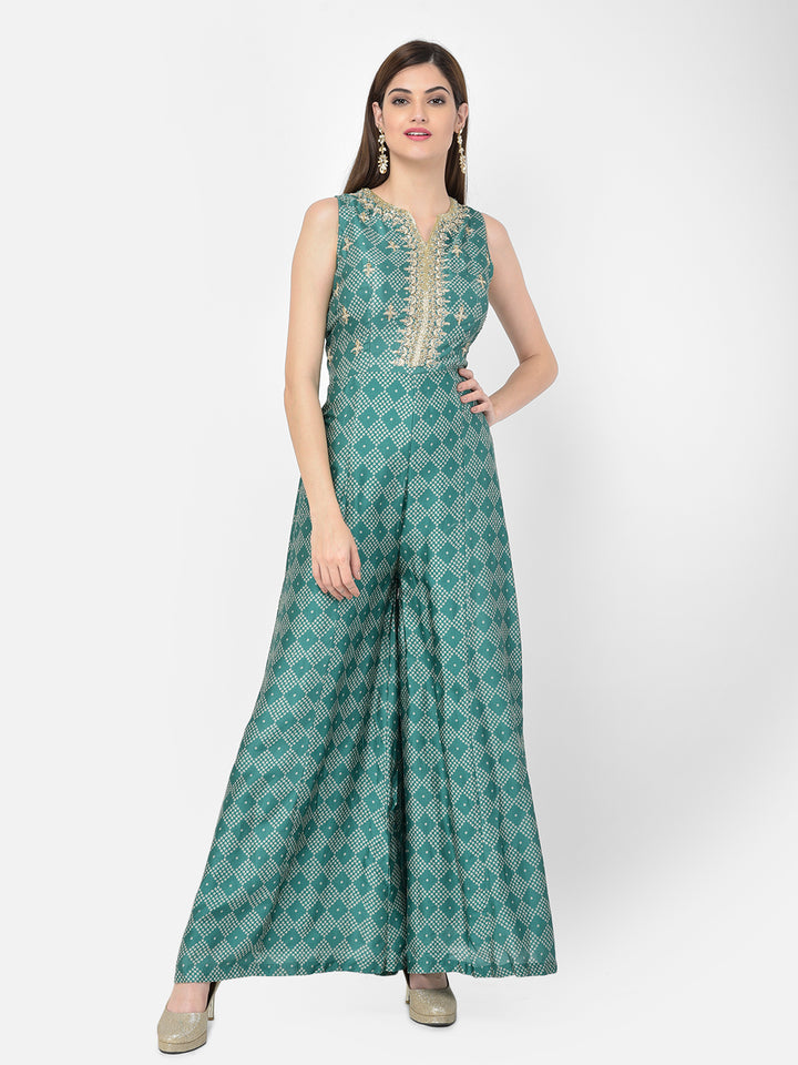 Neerus Green silk embellished bandhani jumpsuit dress - front view