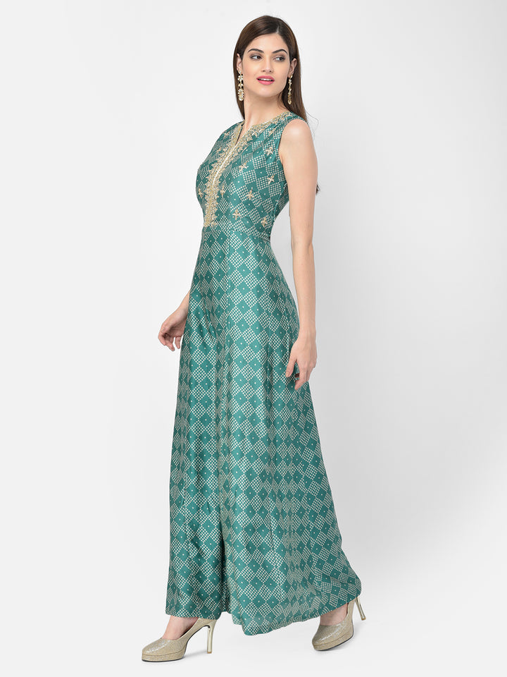 Neerus Green silk embellished bandhani jumpsuit dress - back view