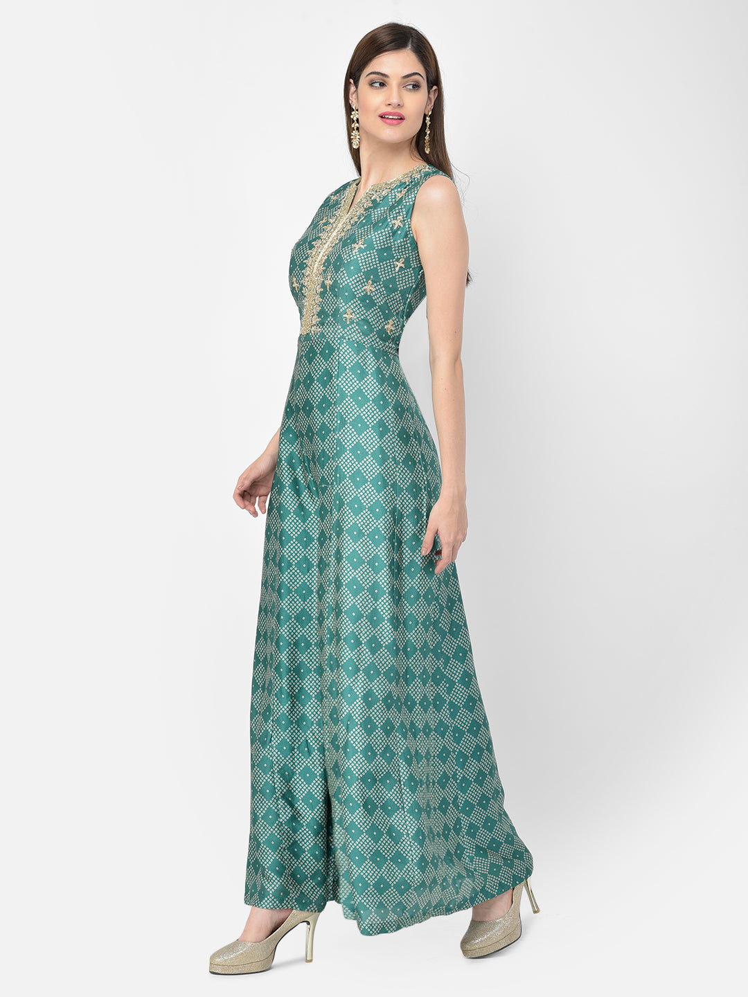 Neeru'S green color, silk fabric jump suit