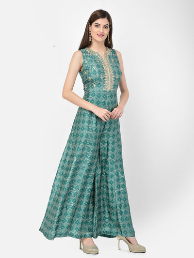 Neeru'S green color, silk fabric jump suit