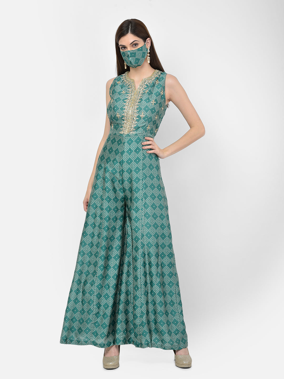 Neeru'S green color, silk fabric jump suit