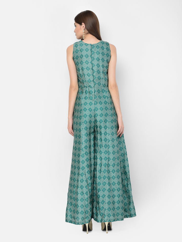 Neerus Green silk embellished bandhani jumpsuit dress - detail view 2