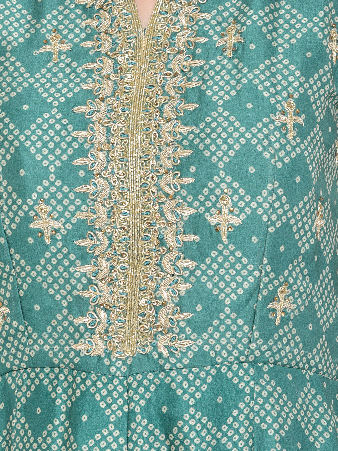 Neerus Green silk embellished bandhani jumpsuit dress - detail view 3