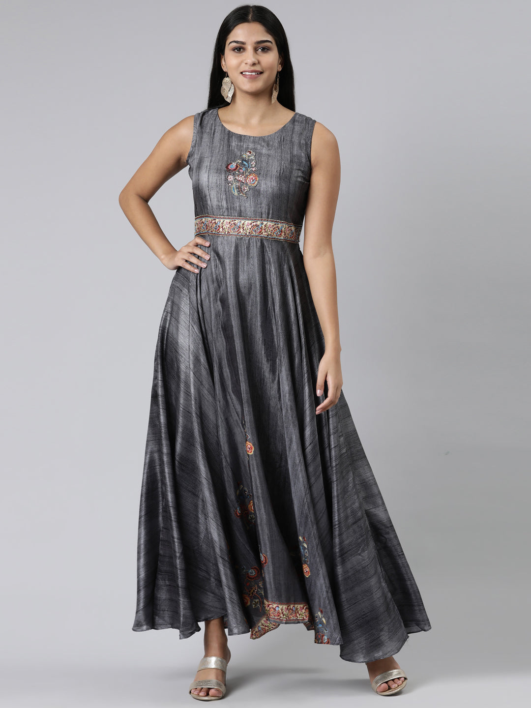 Neerus Grey Curved Casual Embroidered Maxi Dress