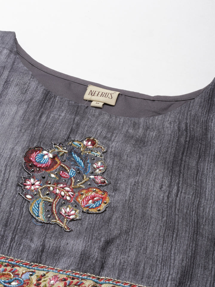 Neerus Grey Curved Casual Embroidered Maxi Dress