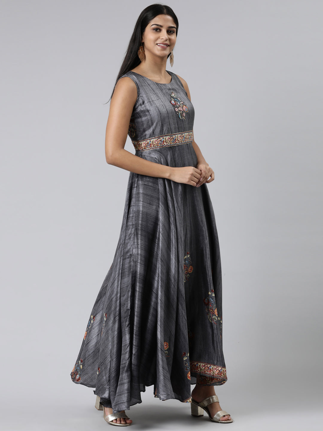 Neerus Grey Curved Casual Embroidered Maxi Dress