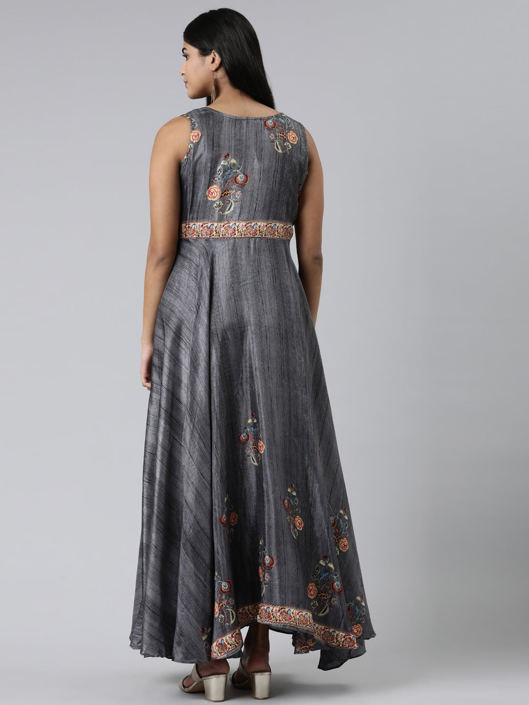 Neerus Grey Curved Casual Embroidered Maxi Dress