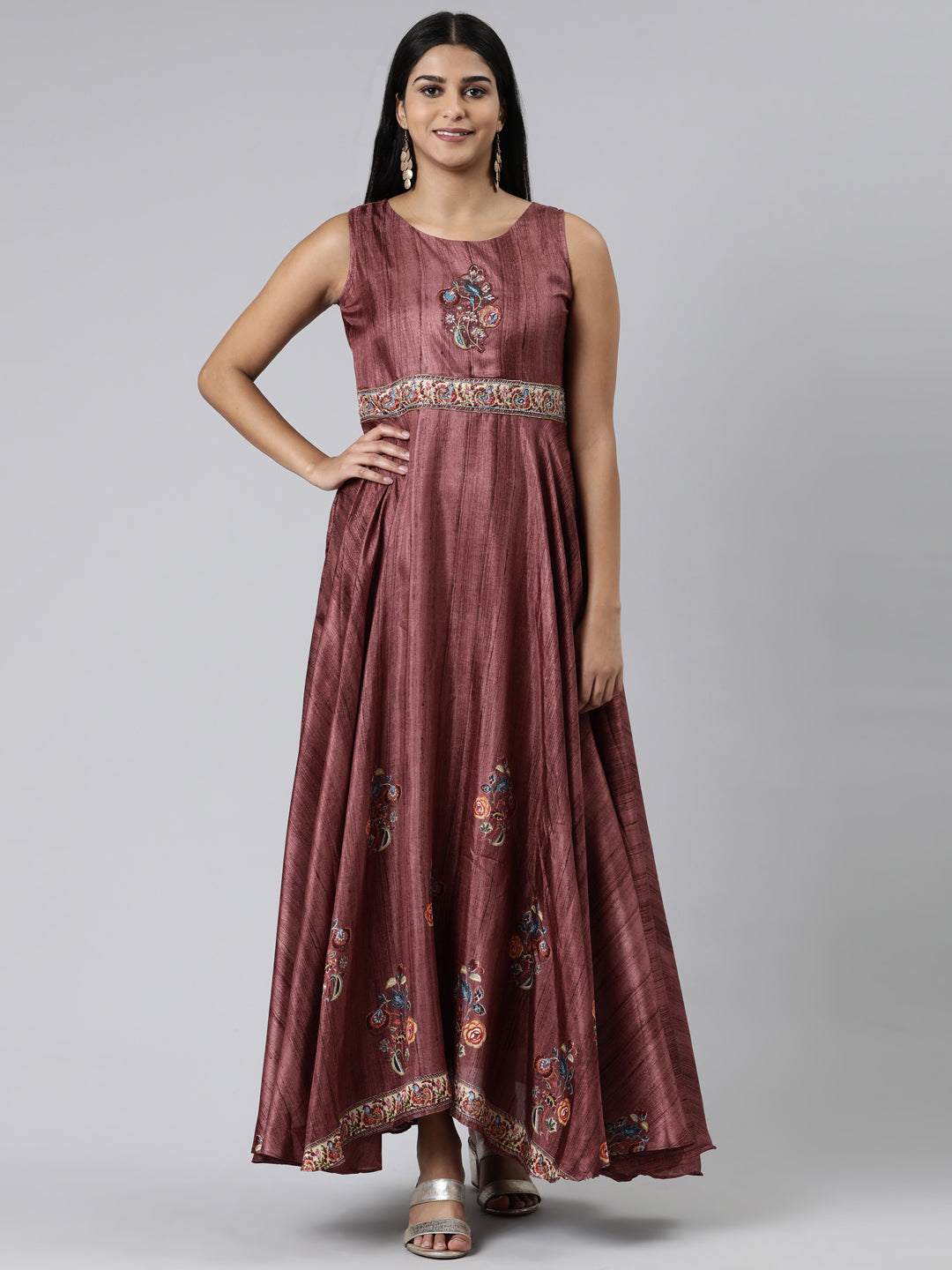 Neerus Pink Curved Casual Embroidered Maxi Dress